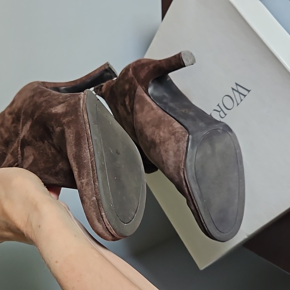 Chocolate brown suede heeled booties, cuff top - Picture 3 of 3